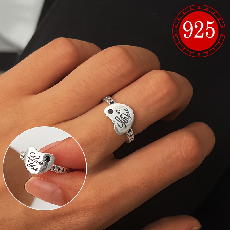 925 Silver Heart Letter Ring Retro Love Chain Finger Ring Tail Ring